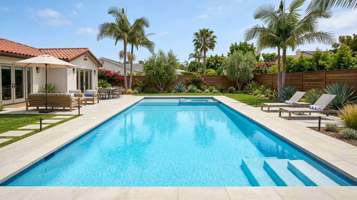 Pool Replastering Cost Calculator: Wide shot of a freshly replastered swimming pool with crystal-clear blue water in a San Diego backyard