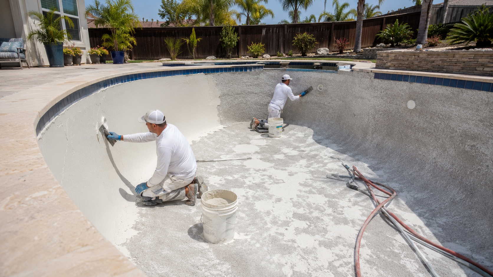 Pool Renovation Planning Guide: image showing a San Diego backyard pool mid-renovation with fresh plaster being applied to the shell