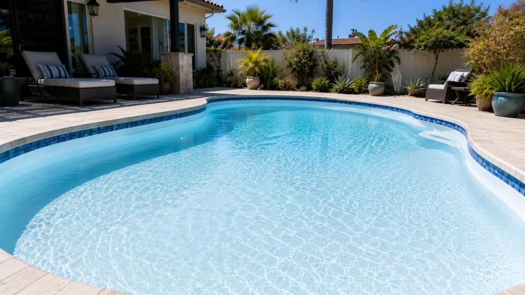 Pool with a sound, well-maintained plaster interior and clear blue water