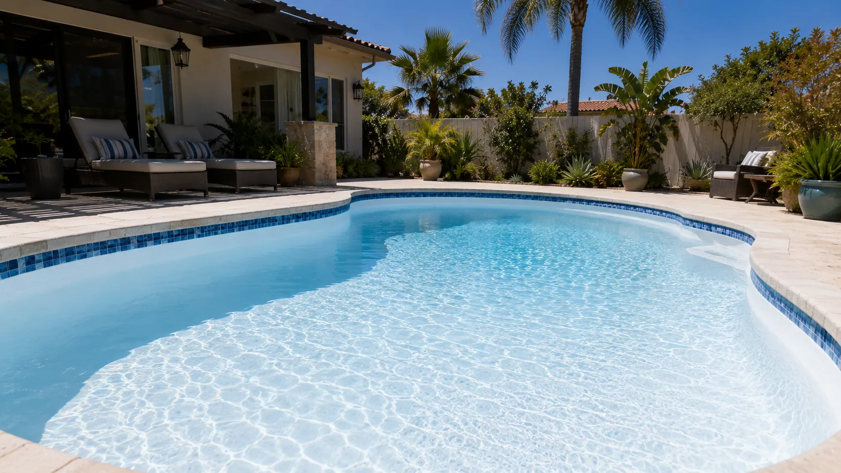 Sunny San Diego backyard swimming pool with a freshly finished interior surface