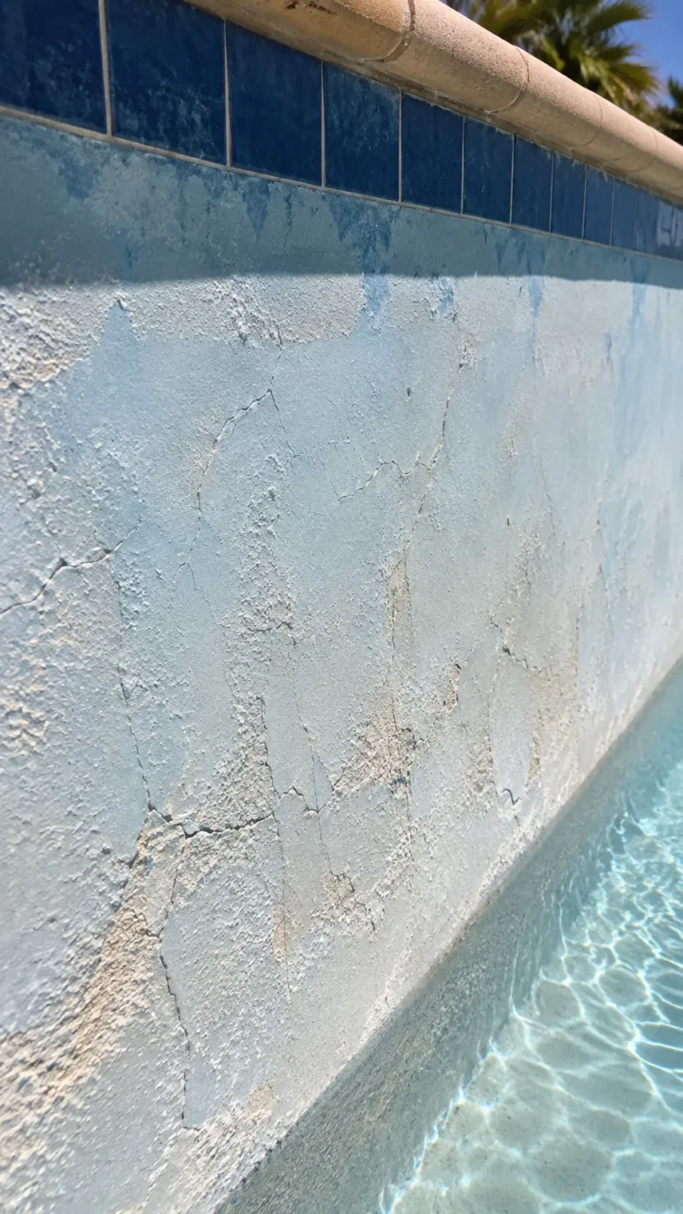 Worn pool plaster with a rough, chalky texture along the wall of a swimming pool